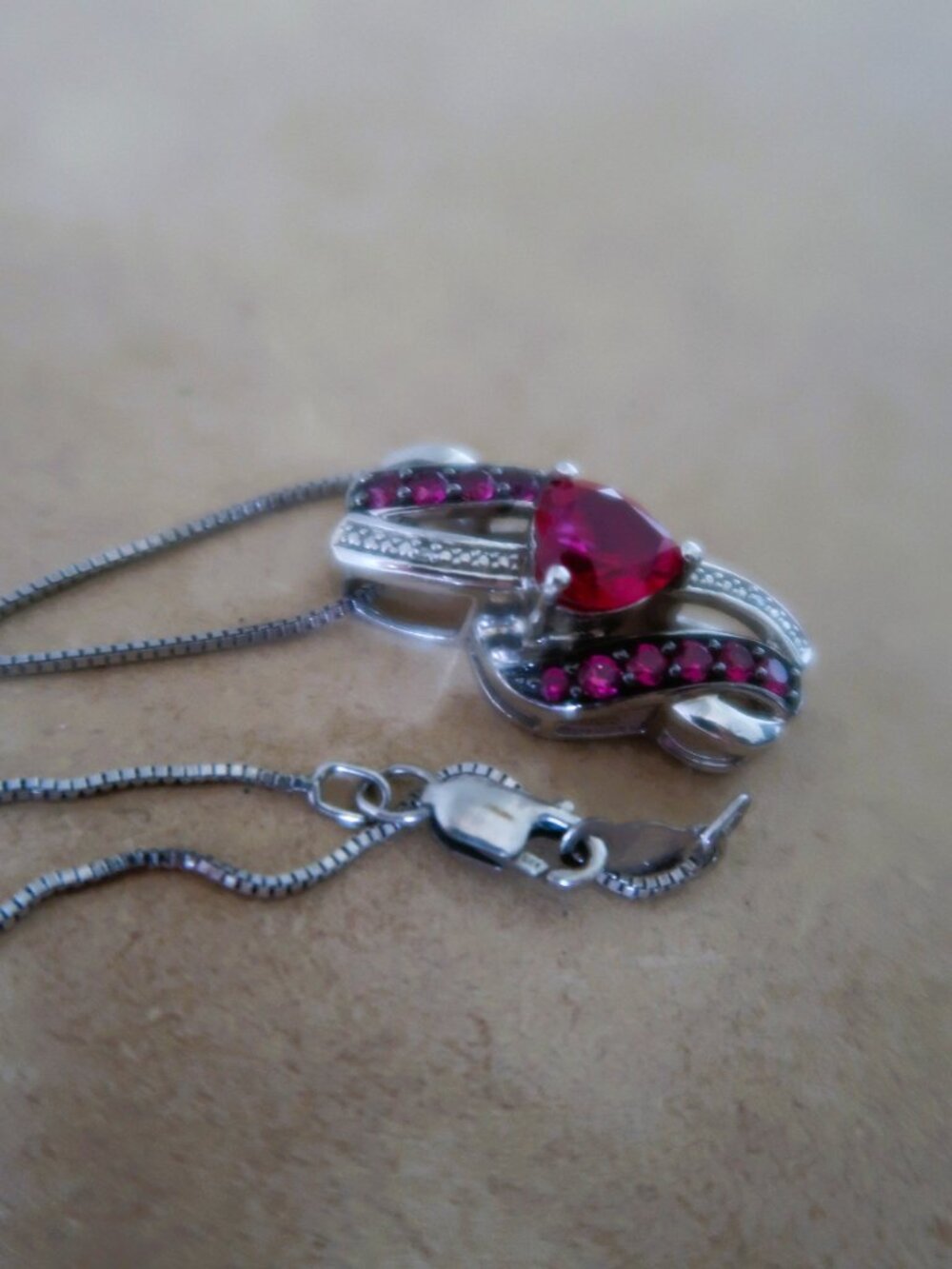 Sterling Silver Pendant Necklace Pink Love Stones with Stamped 925 Quality Chain - Picture 9 of 10